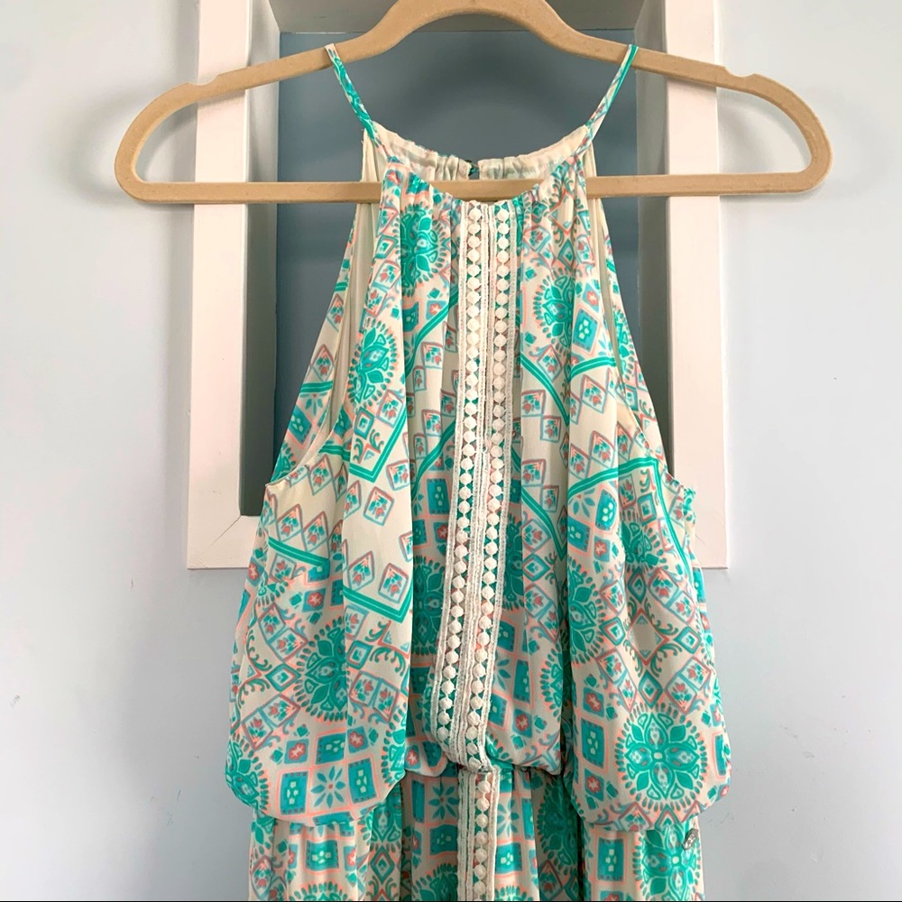 GUESS Printed Maxi Dress | Teal, Blue Pink with Crochet Detail | Size S